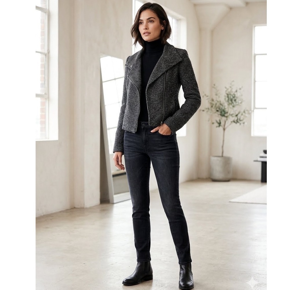 Forenza Womens Textured Tweed Moto Jacket Black White Asymmetric Zip XS